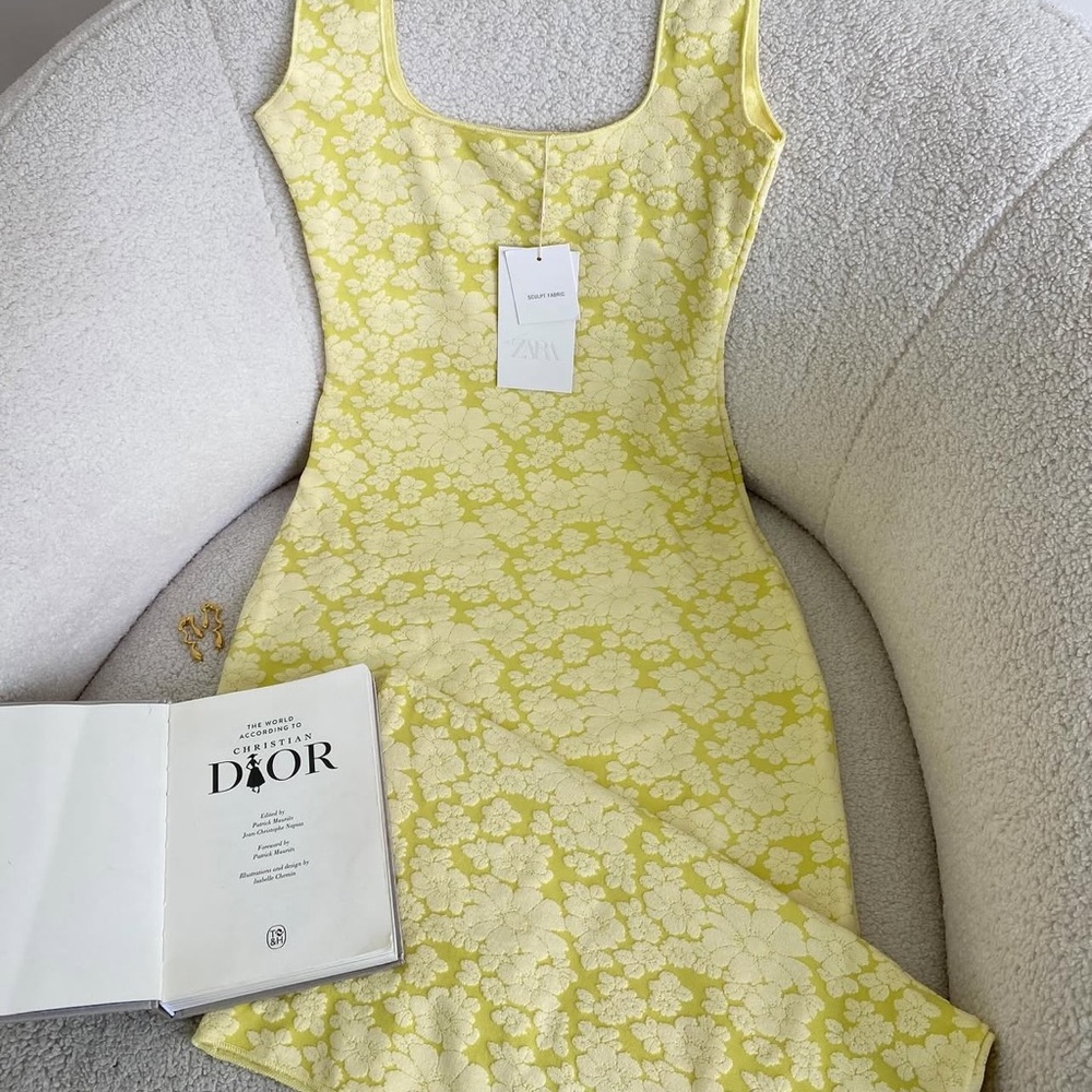 Zara Yellow Floral Jacquard Midi Dress